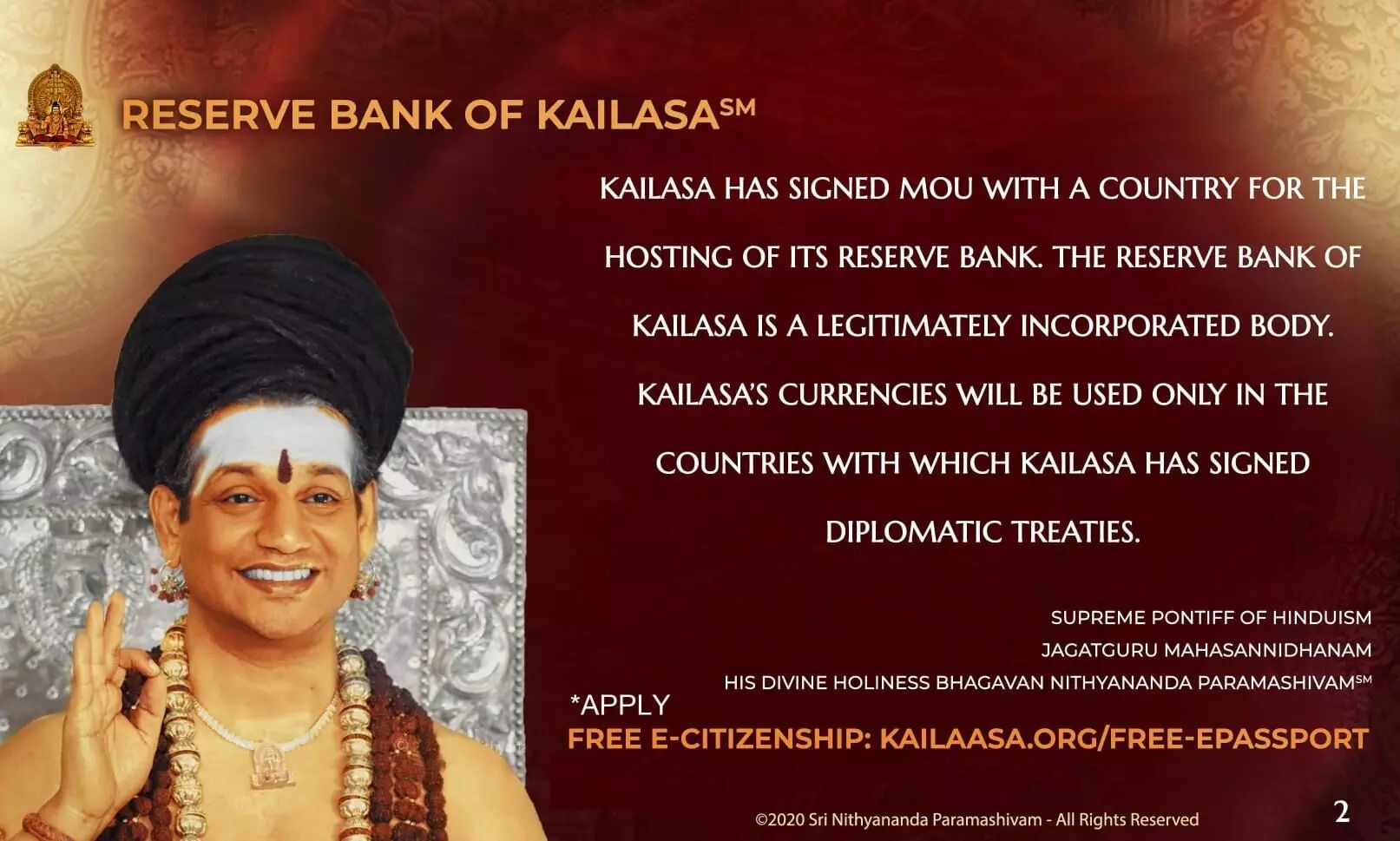 Absconding self-styled godman Nithyananda unveils the currency of the Reserve Bank of Kailaasa
