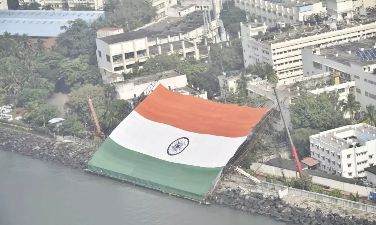 The Indian Navy unveils the worlds largest national flag in Mumbai