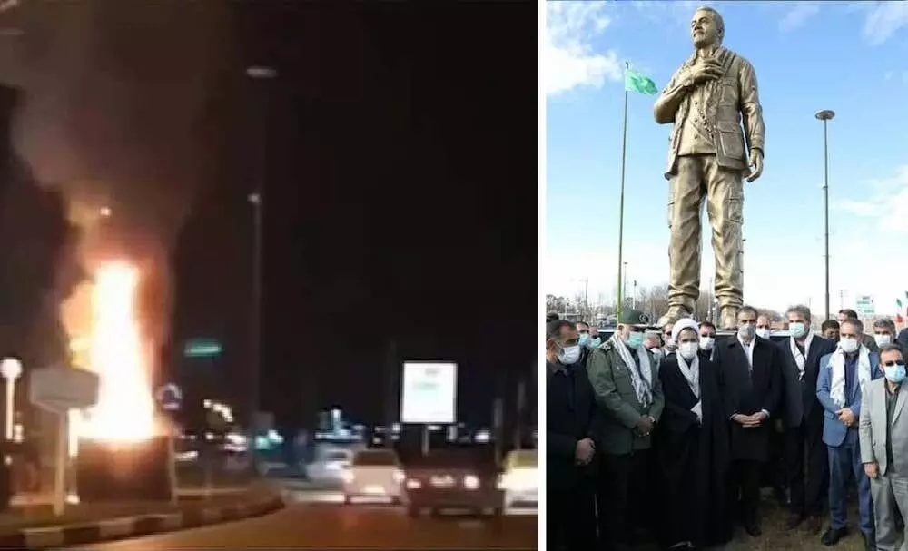 Irans ex-commander Soleimanis statue burnt hours after unveiling